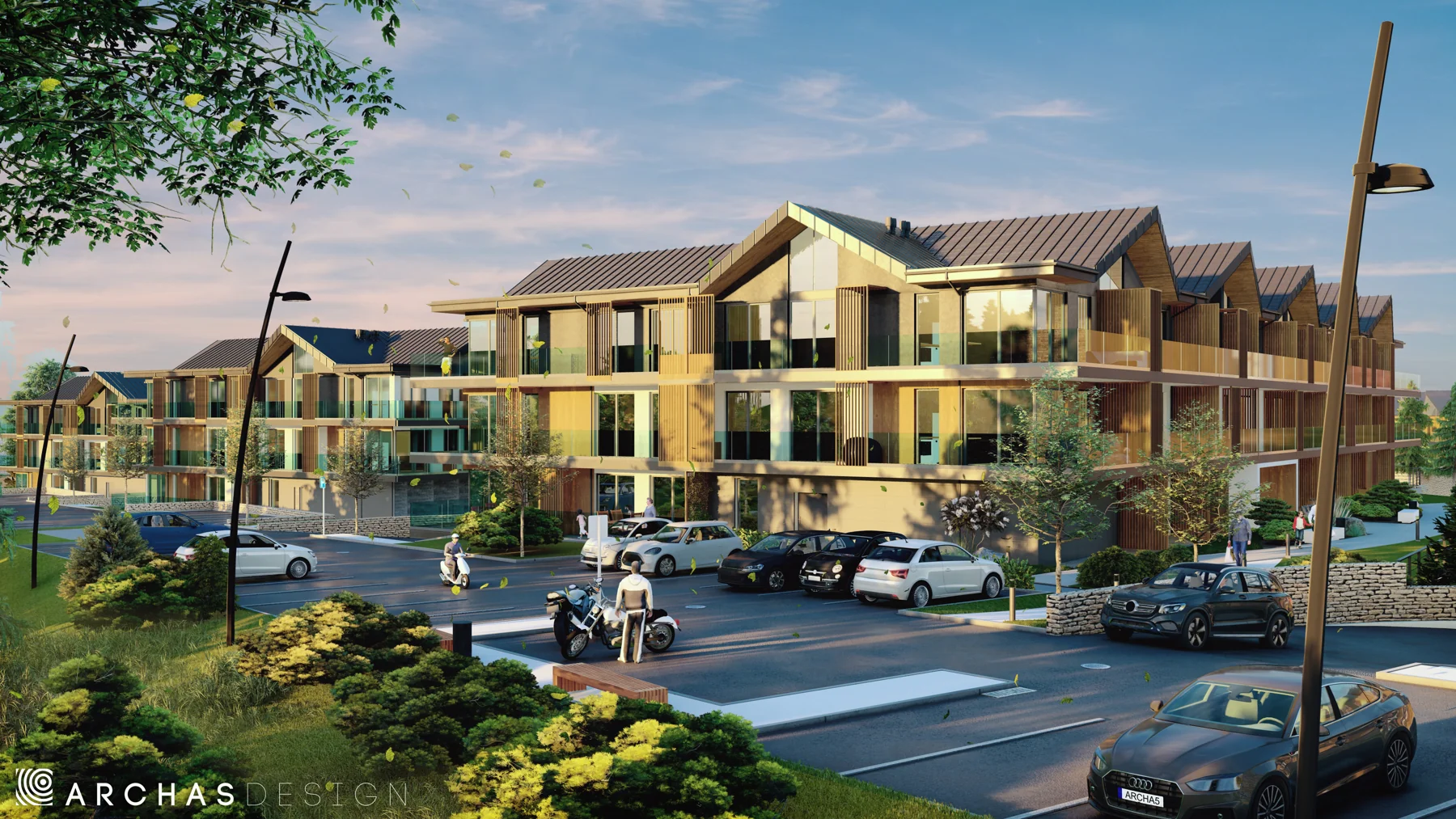 Laguna Beskidów — exteriér apartmánových domů s balkony a parkovištěm